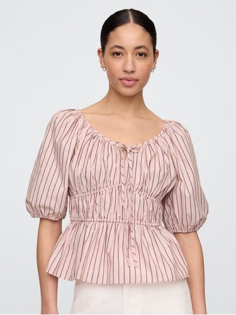 Gap Puff Sleeve Cinch Waist Pink Striped 100% Cotton Blouse
